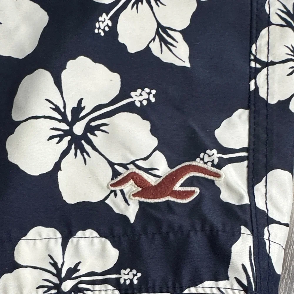 Hollister Navy Floral Board Shorts with White Hibiscus Print